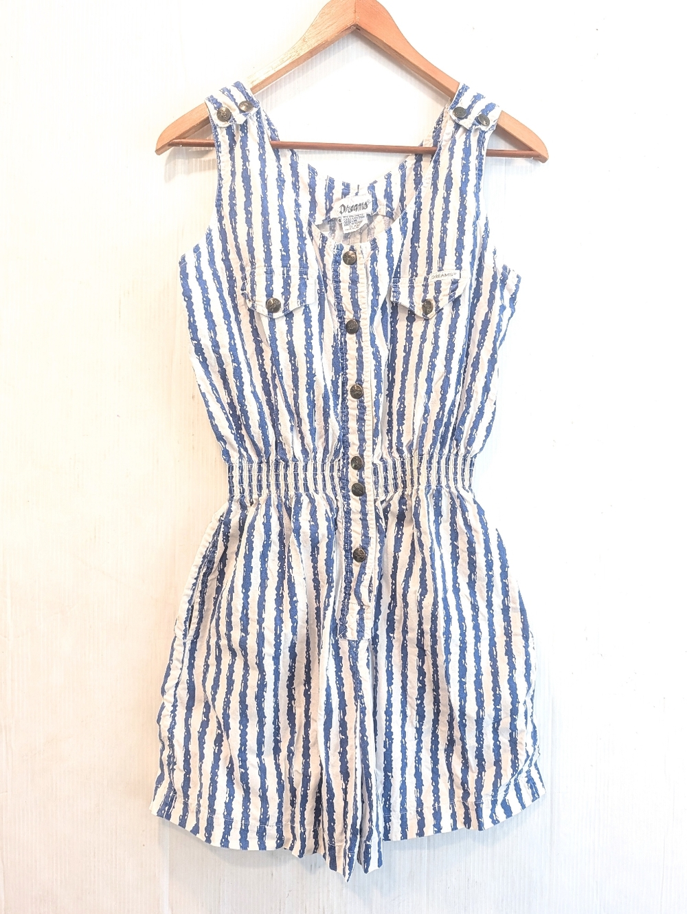 VINTAGE 90s Blue & White Striped Button Front 100% Cotton Romper Shortalls